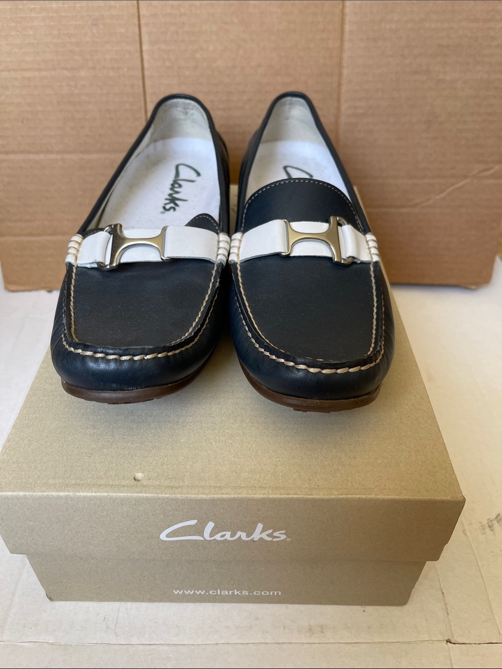Clarks Navy Leather Loafers with White Strap and Silver Accent